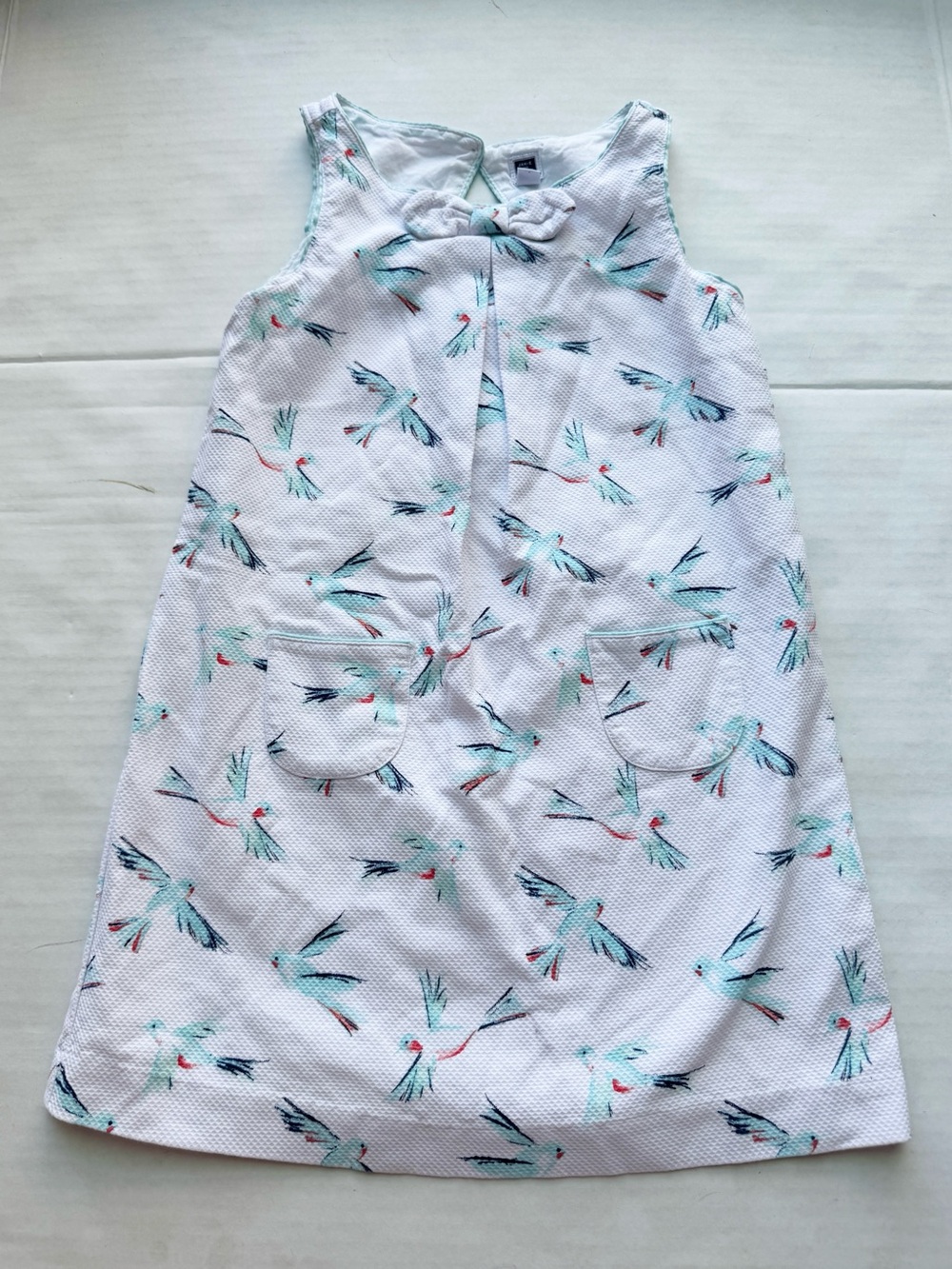 Janie and Jack White Shift Dress with Aqua and Light Blue Bird Print size 5Y